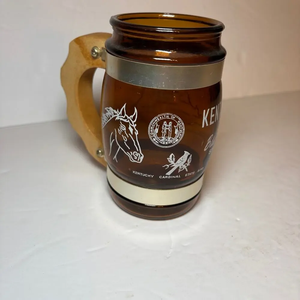 Vintage Souvenir Kentucky Blue Grass State Brown Glass Barrel Mug Wood Handle